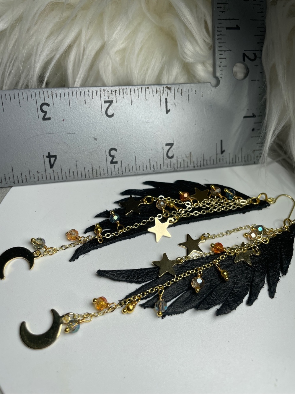 Black Leather Raven Wings & Gold Star Moon Drop Fringe Boho Earrings | Artisan - Picture 15 of 16